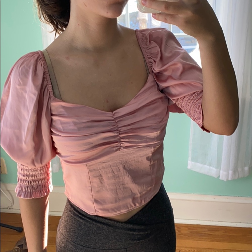 H&M pink satin puff sleeve shirred back top
